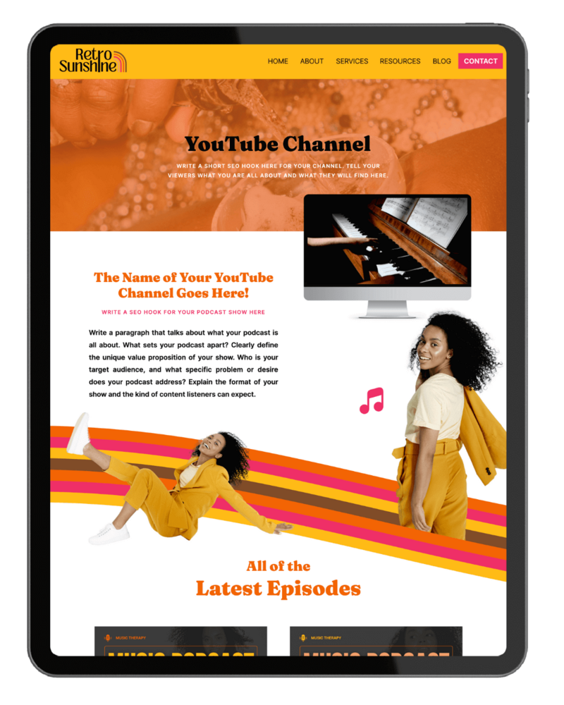 Ipad with screenshot of  the Retro Sunshine Showit website YouTube channel page template for women therapists and entrepreneurs.