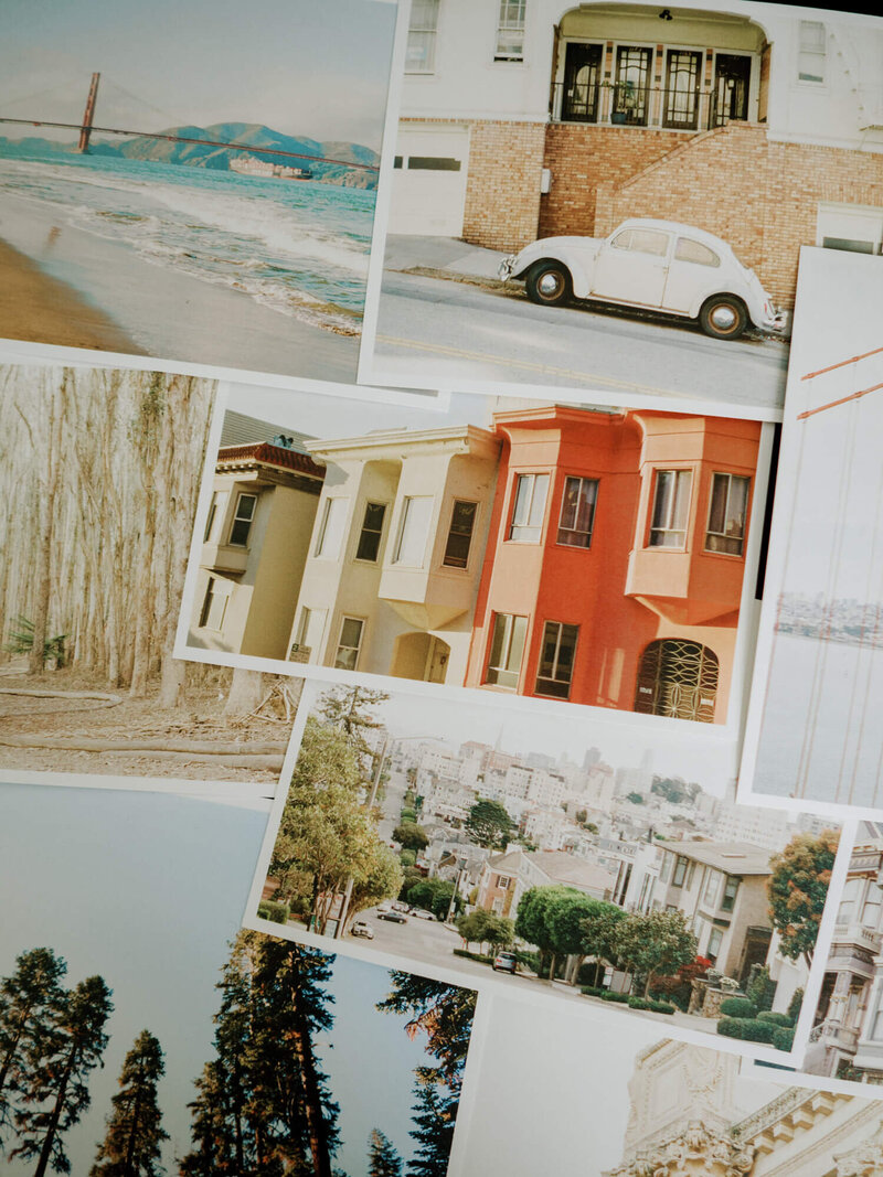 california postcards and san francisco prints show russian hill, pacific heights, crissy field beach, and the presidio