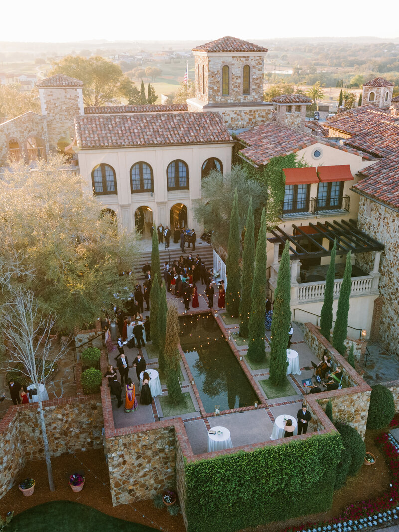 Aerial view of cocktail hour at a Bella Collina Wedding in Orlando Florida