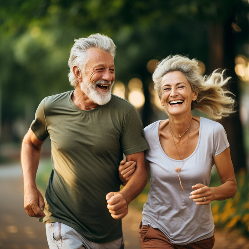 Older couple smiling while running outdoors