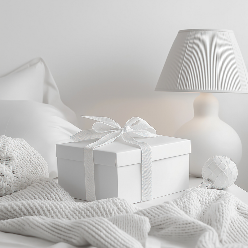 bílá krabice s bílou stuhou a mašlí na bílé posteli, v pozadí je bílá lampa