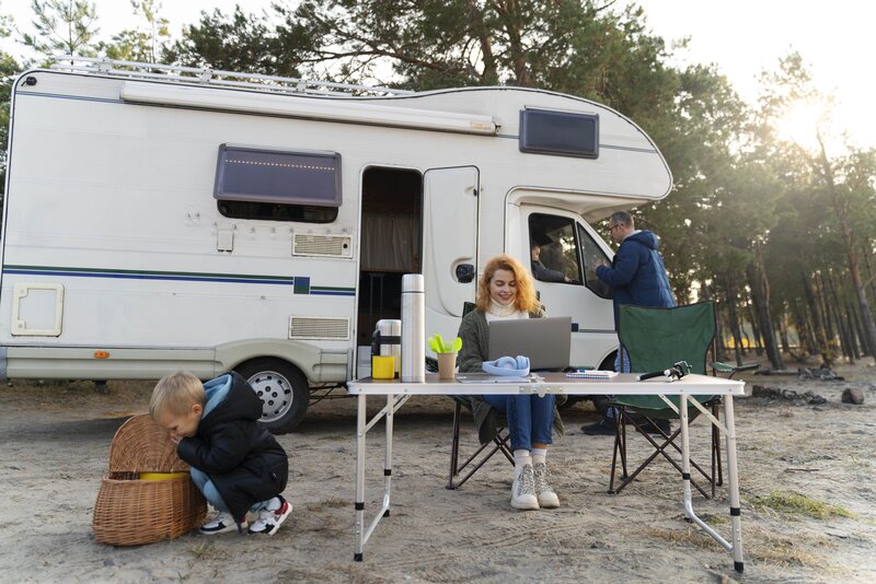 Inviting common area with seating and lush landscaping, providing a peaceful space for guests to relax and socialize at Mockingbird Meadows RV Park."