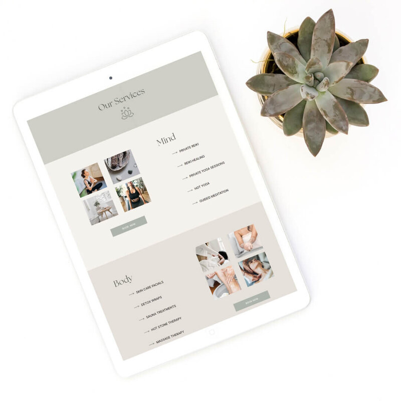 Optimal Being Retreat holistic spa services section of home page screenshot mockup on ipad with succulent