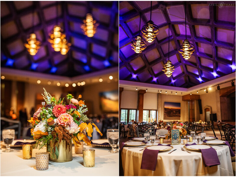 Detail photos of a wedding reception set up at Mitchell Hall at Denver Botanic Gardens