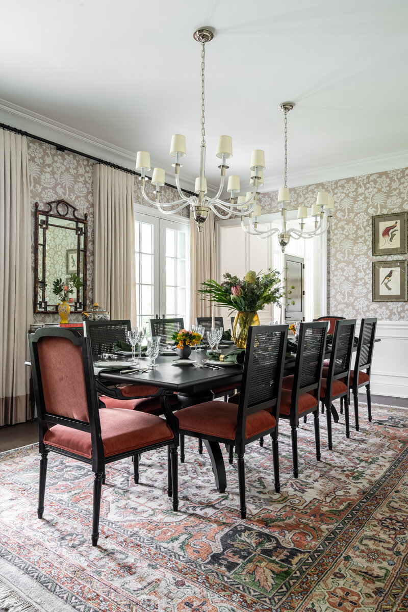 Large dining table with wallpaper