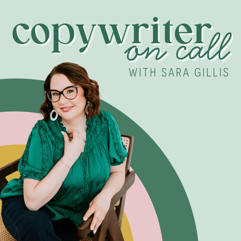 Artwork for the Copywriter on Call podcast, featuring copywriter Sara Gillis sitting on a chair