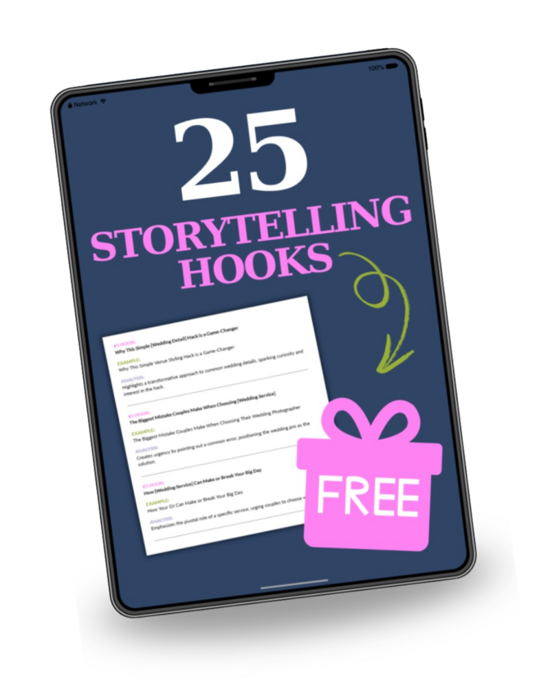Tablet mockup showcasing the free guide, 25 Storytelling Hooks.