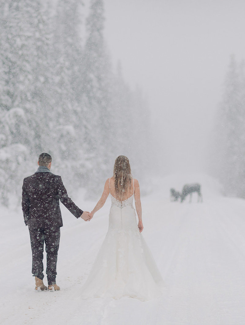 winter emerald lake lodge wedding bride groom walking snowy street moose