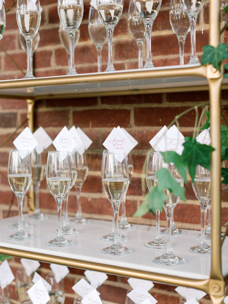 Champagne glasses with name cards on display shelf