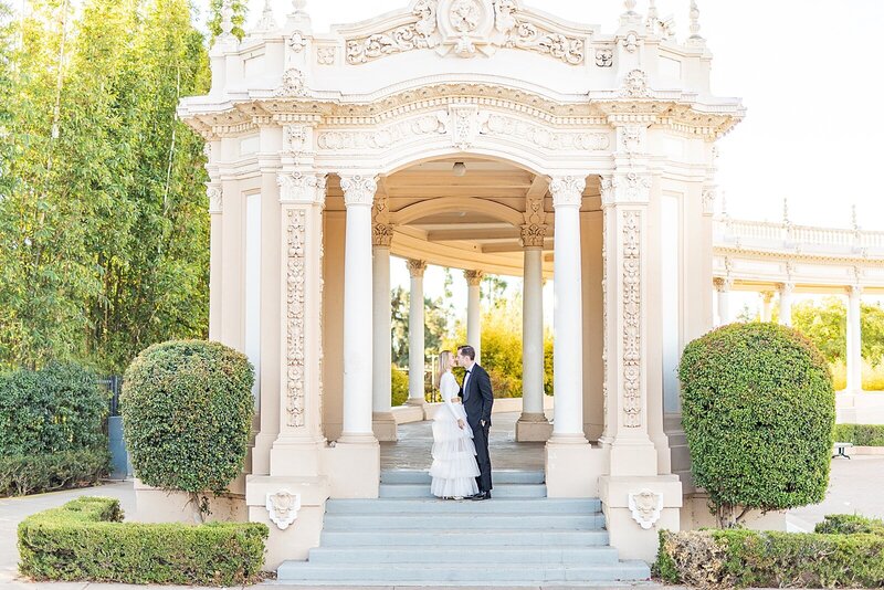 Engaged couple at Spreckles Organ Pavilion at Balboa Parkin Santa Monica, California - Sherr Weddings