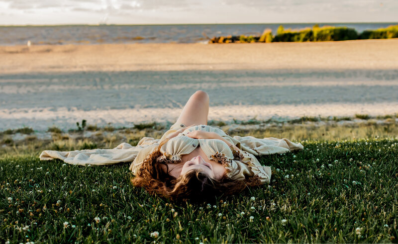 beach, lake erie , sunset, mom, expecting mom, long maternity gown, green grass,