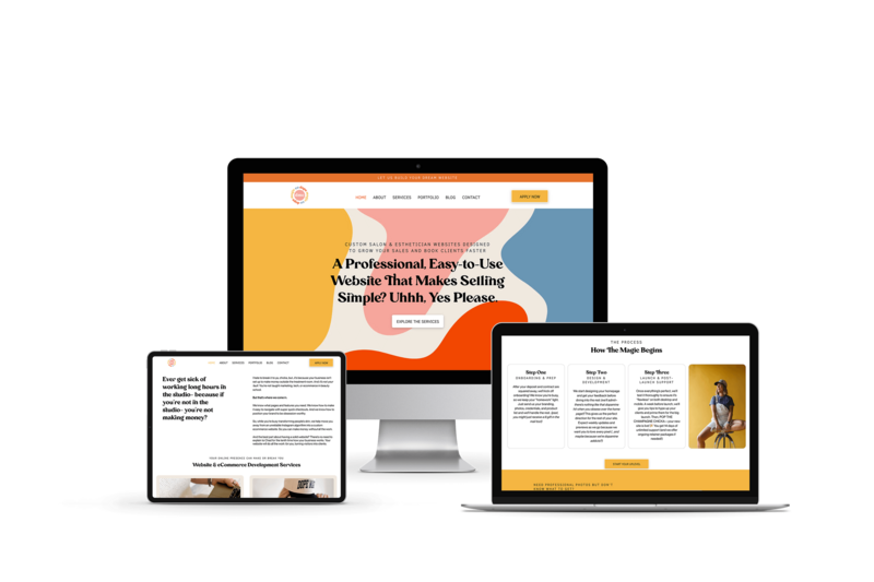 Ipad and laptop sitting in front of desktop computer with orange background