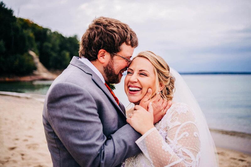 bride and groom at Michigan beach wedding