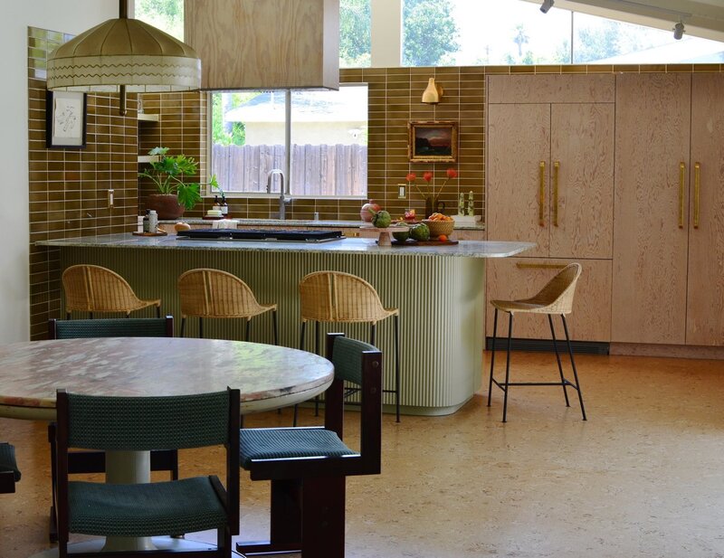 Los Angeles Mid Century Modern Kitchen, Green Tile, Marble, Fluted Island, Brass