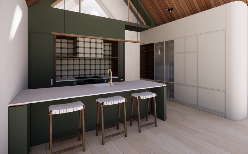 An dark green kitchen with Zellige Mosaics tiles