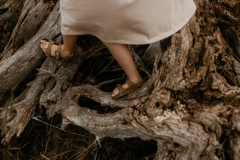 Photo of a little girls feet treading lightly over tree roots and exploring her surroundings.