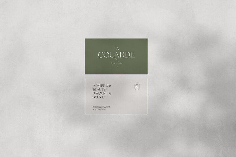 An elegant, romantic semi custom business card design for creatives, font and back, with delicate shadows.