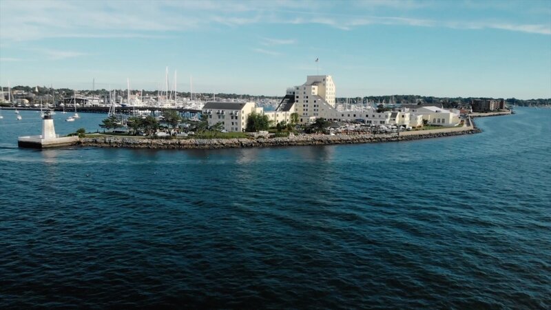 A drone shot of Goat Island in Newport, Rhode Island