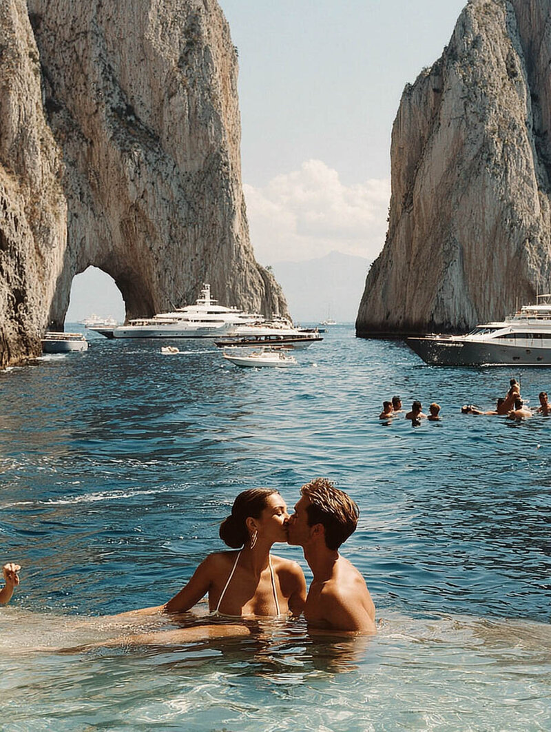 Couple kissing in the Mediterranean on their honeymoon, representing personalized travel planning focused on the traveler, not just the destination. Tailored Oasis Travel Co.