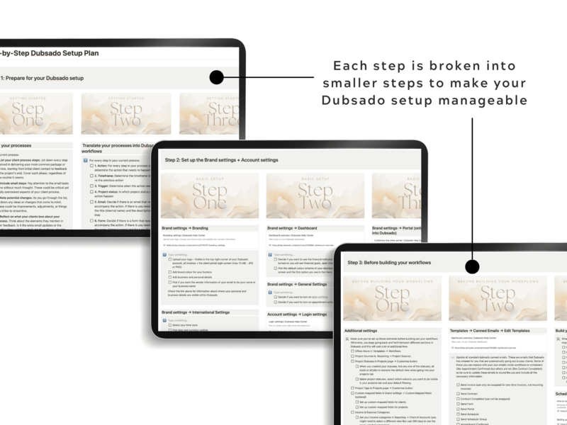 Dubsado Setup Guide in Notion - Product Images - 3 Steps broken down by The Streamlined Creative by Stephanie Taale - Business Coach, Client Experience and Systems Strategist for brand and website designers