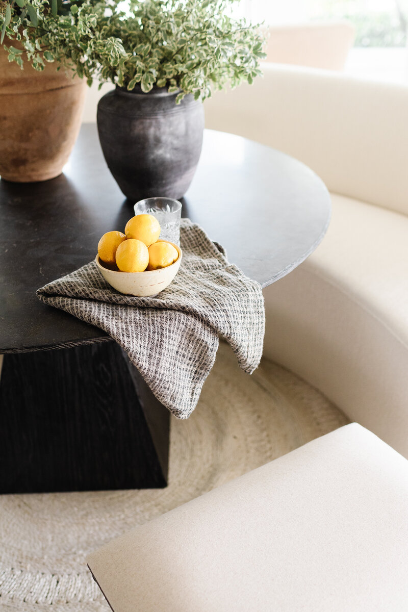 Elegant and Earth Inspired Coffee Table Decor. Featuring Stone and Terracotta Pots Filled With Greenery