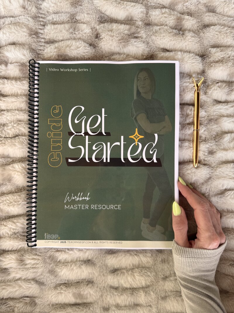 a green notebook with guide text inside
