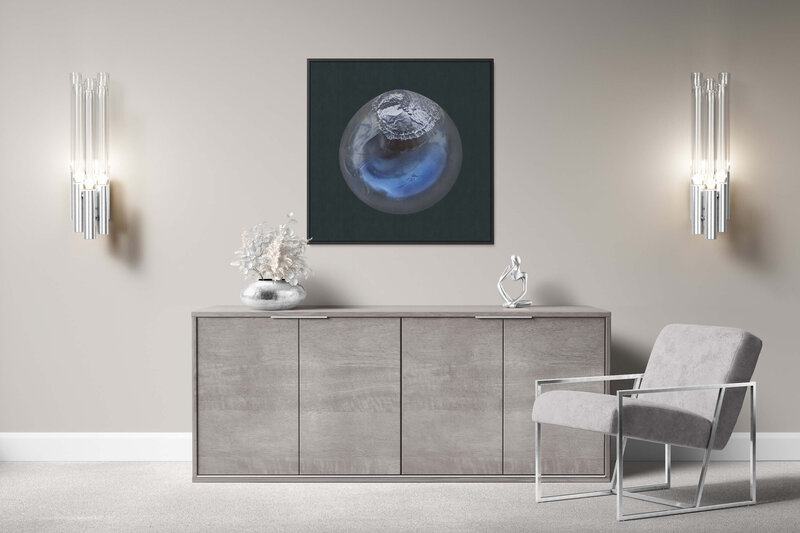 Fine Art Canvas with a black frame featuring Project Stardust micrometeorite NMM 2752 for luxury interior design