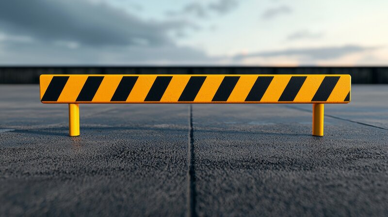 A yellow road sign in the middle of a concrete runway.