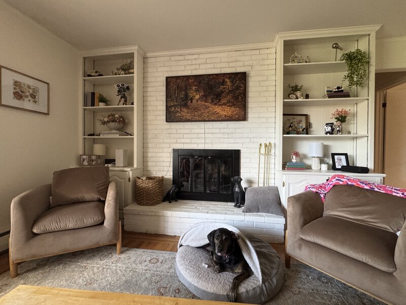 After photo of Katie Fri Photography’s workspace, featuring white-painted built-ins with a clean, organized look.