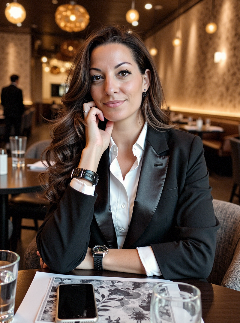 Amanda sits at a restaurant table wearing a white long sleeve dress shirt under a business suit blazer. Her expression is kind with a welcoming smile. 