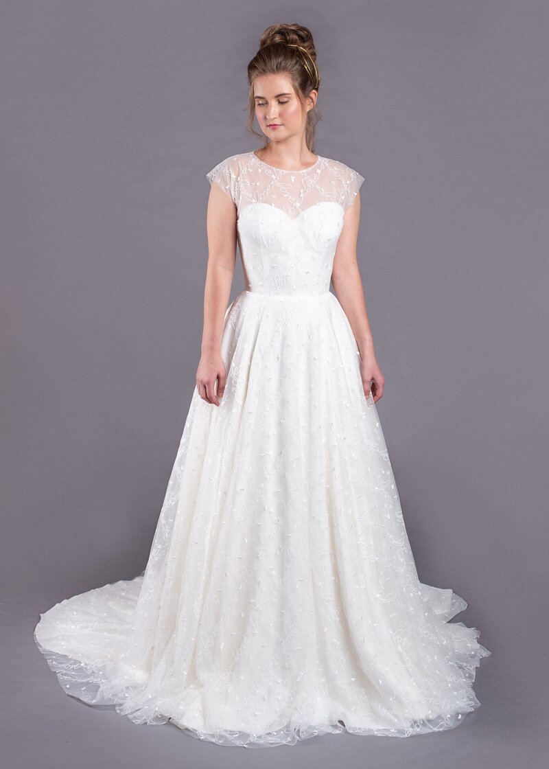 Illusion Neckline A-Line Wedding Dress with short cap sleeves