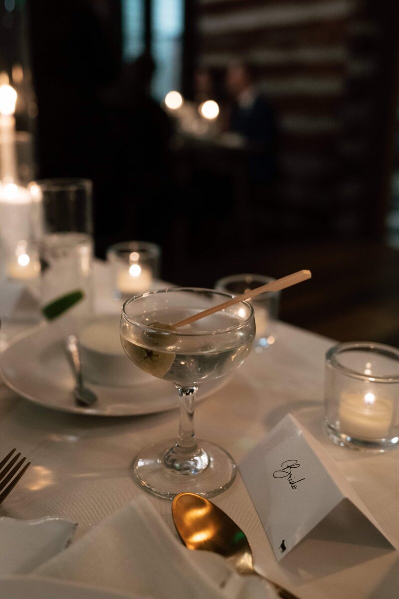 martini glass in ambient light at elopement celebration