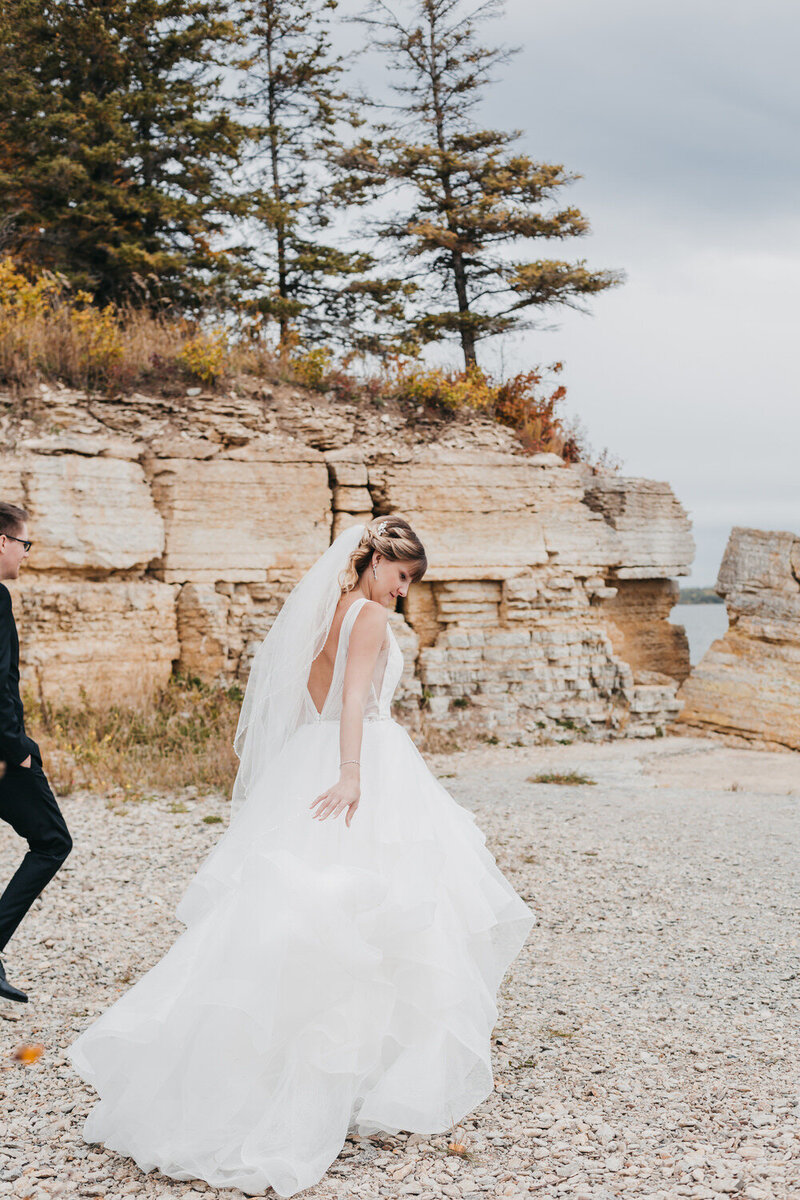 Heca Island Wedding bride walking along the quarry
