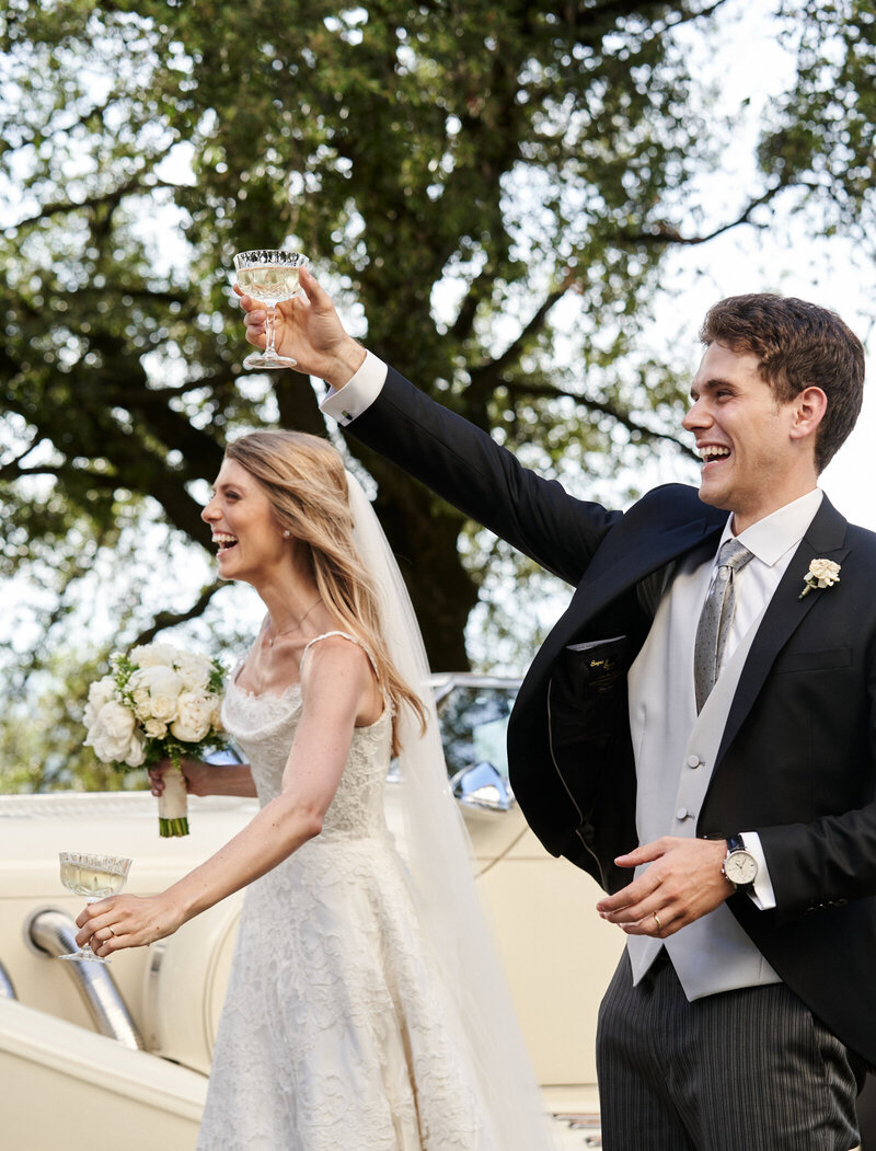 bride and groom  laughing