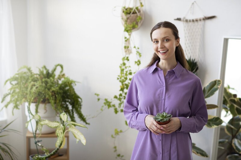 medium-shot-smiley-woman-holding-plant-home