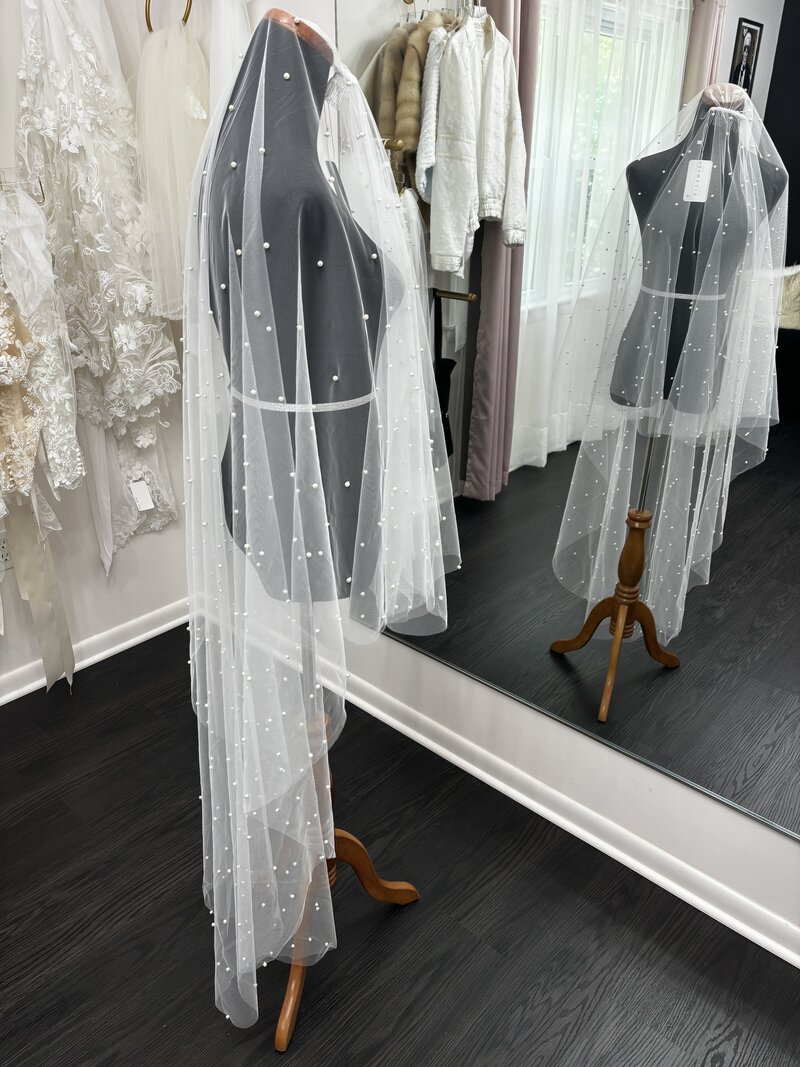 demelis Atelier Light Ivory Waltz Length Bridal Veil with Blusher & Pearls