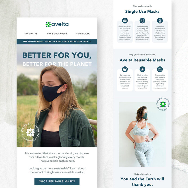 Informative email marketing design for sustainable lifestyle brand Aveita, educating on product benefits and unique selling points in eco-friendly layout.