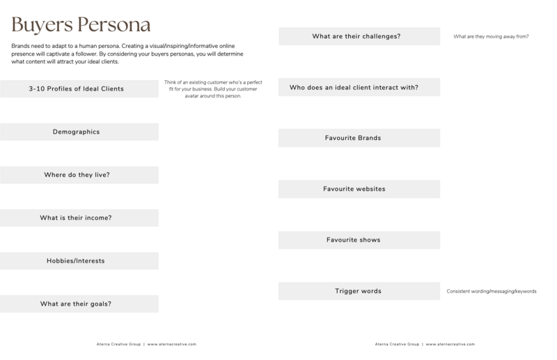 Aterna Brand Strategy Workbook, showing various questions used to determine how best to tailor a brand persona to a client.
