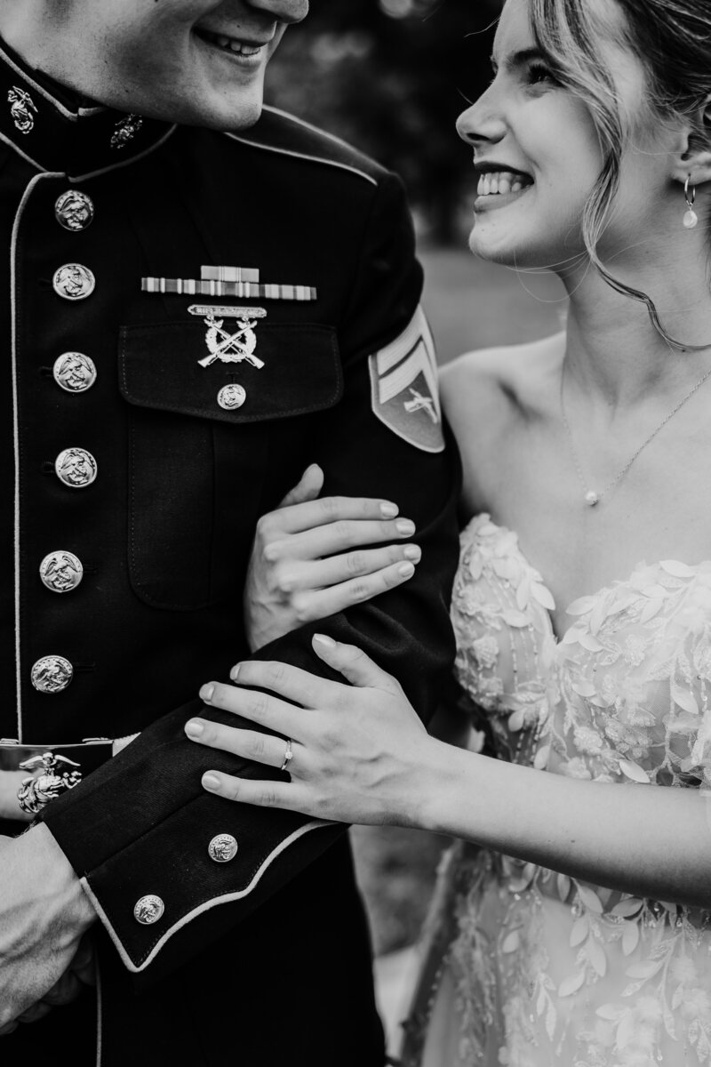 A military couple posing together at Lilydale in Chippewa Falls, WI