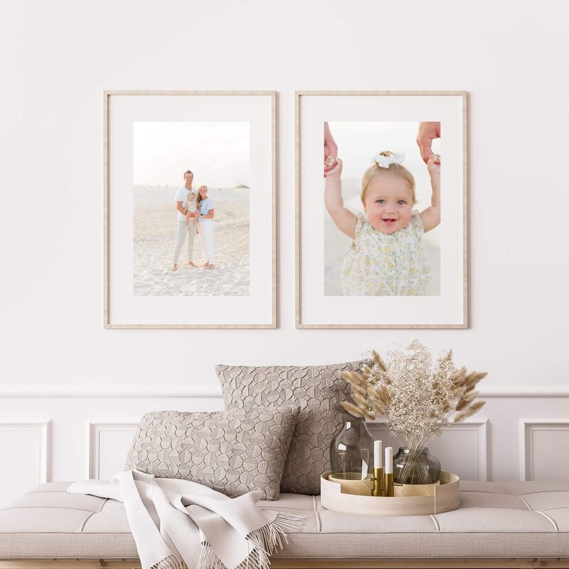 Photo of a mockup of family images in a beautiful neutral home framed from a recent beach family session