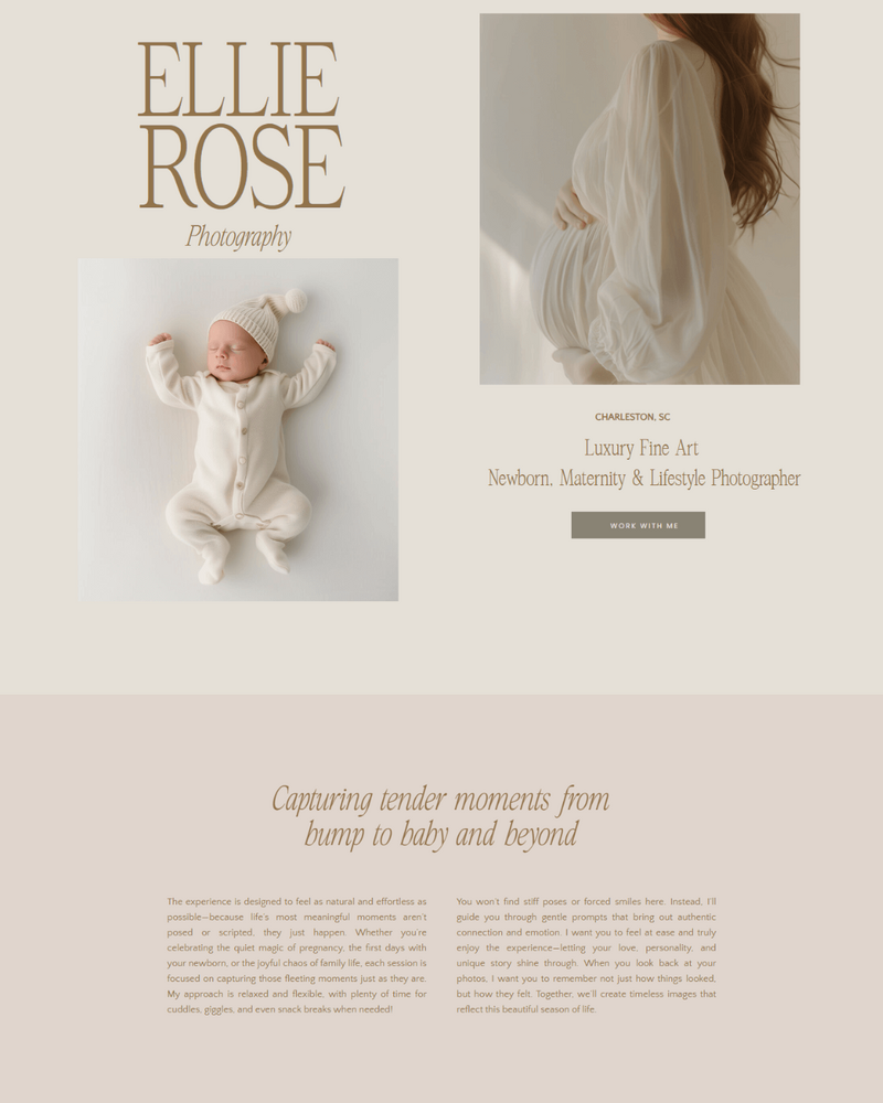 Ellie Showit website template for photographers featuring a feminine, clean design—perfect for newborn, maternity, lifestyle, or portrait photography portfolios