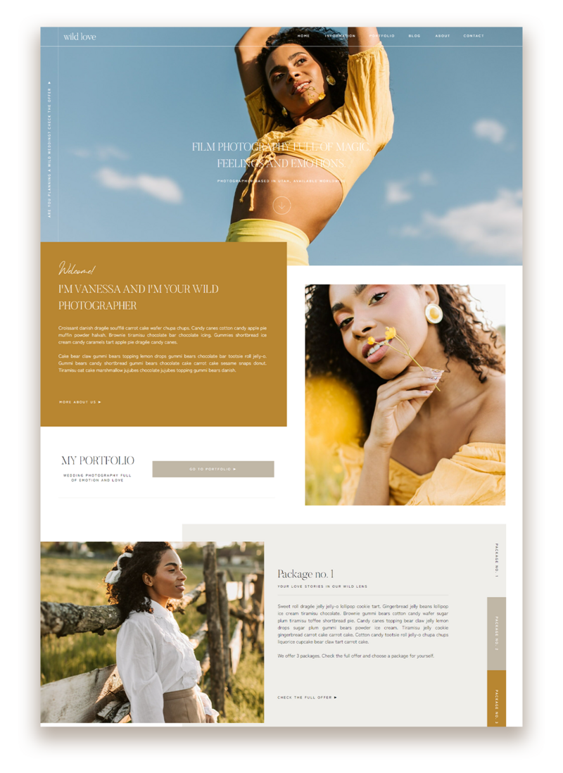 Wild Love is a romantic, modern and elegant Showit website. The design is perfect for photographer and service-based businesses.