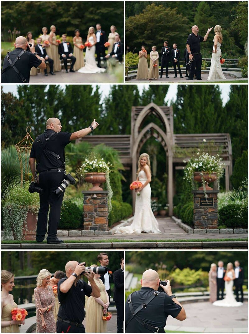 A collage of images of a photographer capturing a wedding.