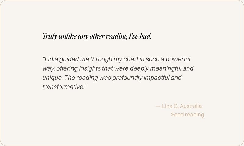 Client review graphic for Seed and Spiral astrology readings with Lidia Ranieri.