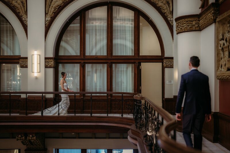 Bride and Groom First look at Union Station in Nashville TN