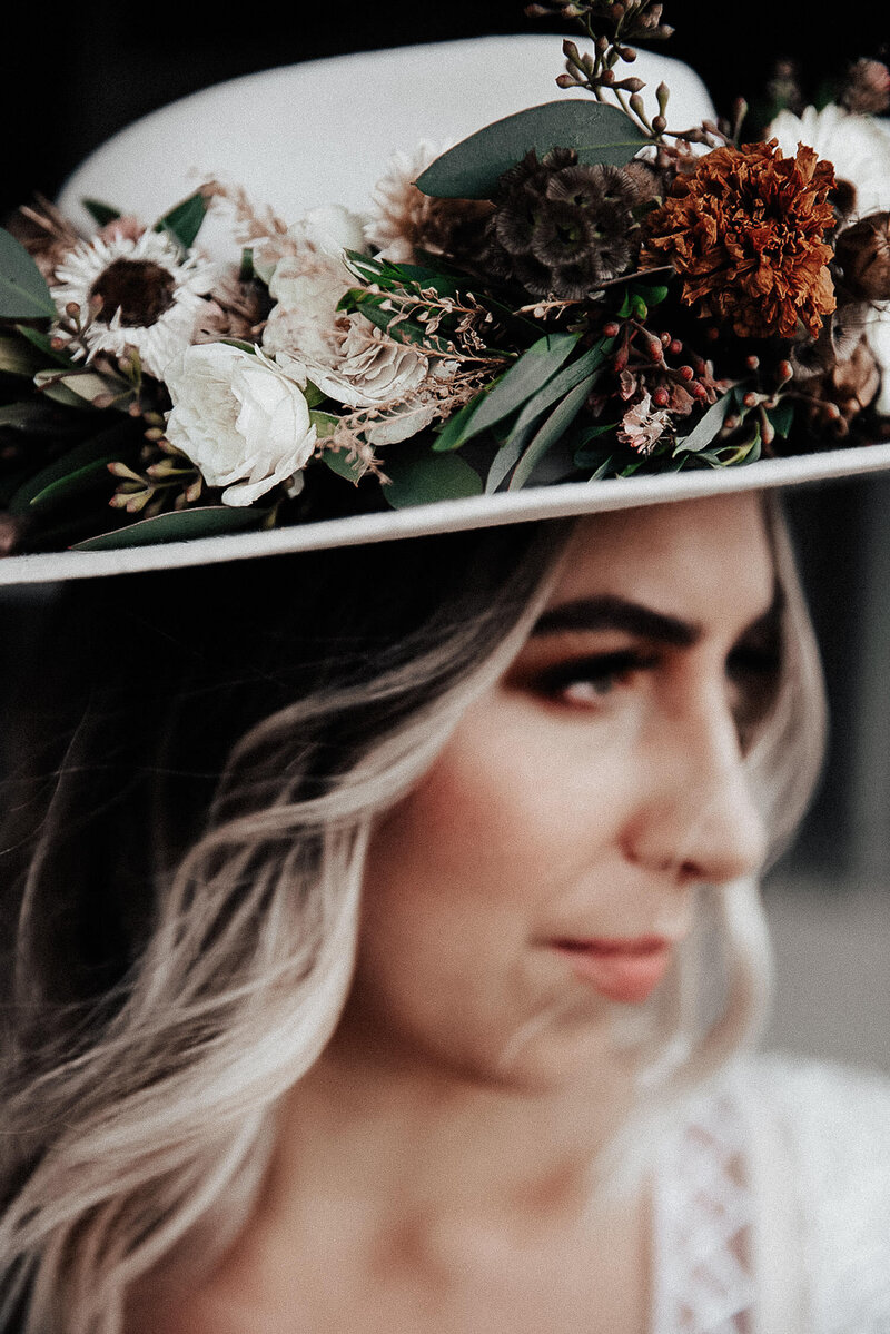 Bride wearing Flower wreath hat  closeup