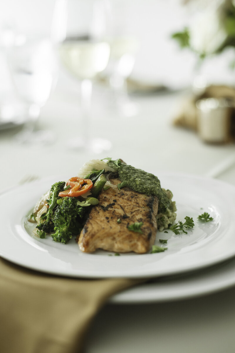 Plated salmon meal made by Mason Dixon catering