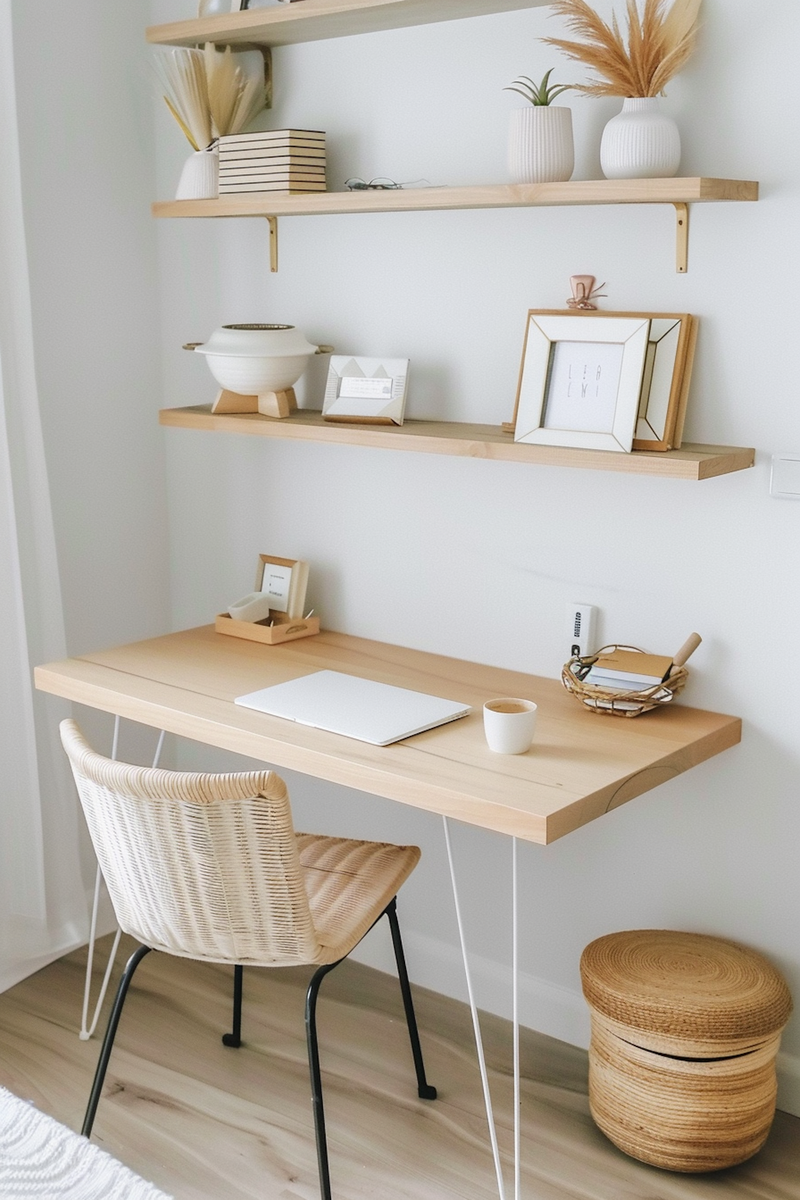 Scandinavian-inspired home office setup with wooden shelves, neutral decor, and a minimalist desk with natural textures