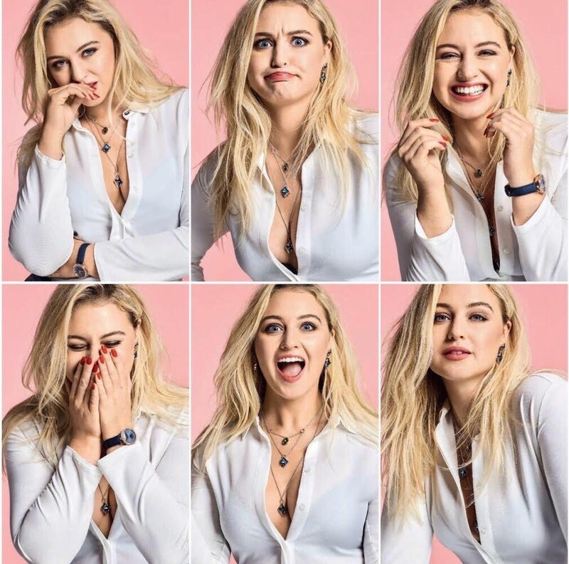 A collage of Iskra making six different expressions, from laughing to silly to smiling to posing