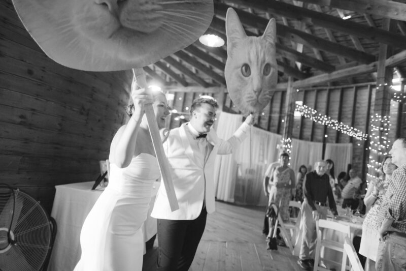 Newlywed couple enter their reception carrying two giant cutouts of their cats faces.